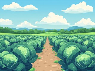 Fototapeta premium Vast cabbage field under a clear blue sky with mountains in the background.