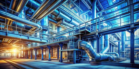 Fototapeta premium Blueprint Precision: A Symphony of Lines and Pipes in Panoramic Photography for Architectural Masterpieces and Industrial Design