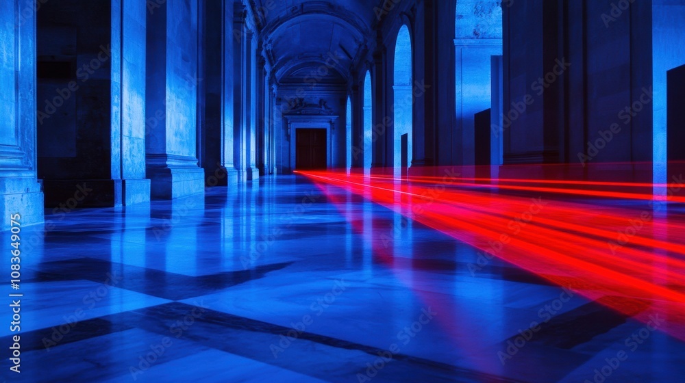Fototapete Bright red laser beams crisscross a dimly lit hallway in an art gallery, creating a striking visual effect during security monitoring. Generative AI