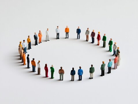 a group of diverse miniature people standing in a circle on a white background - symbol of teamwork