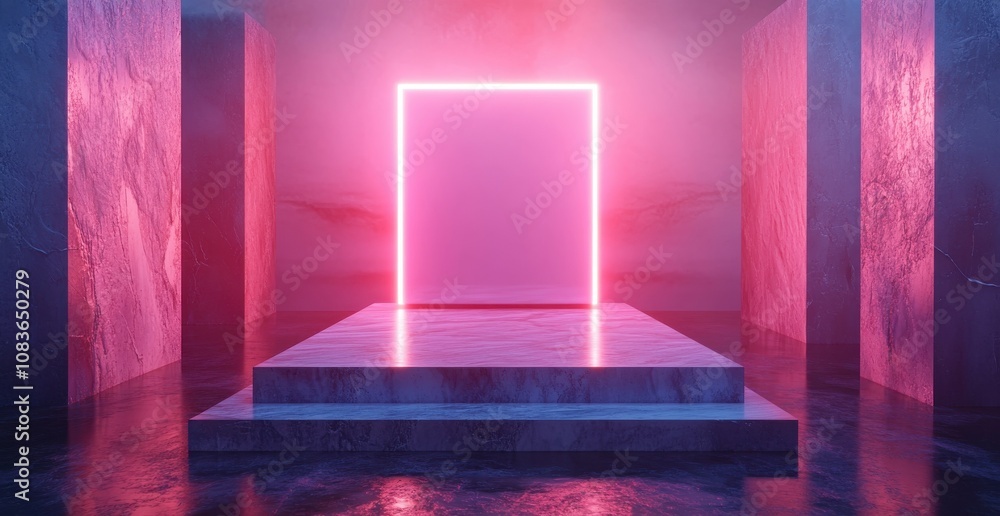 Poster 3d render of a glowing abstract cube on a platform surrounded by misty clouds and reflective water