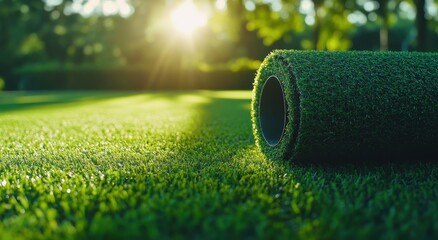 green artificial grass carpet roll on a background with a blurred garden landscape