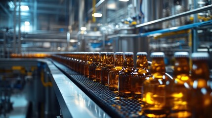 Automated bottling line in a large brewery beer bottles moving swiftly through the process high-tech machinery visible in the background