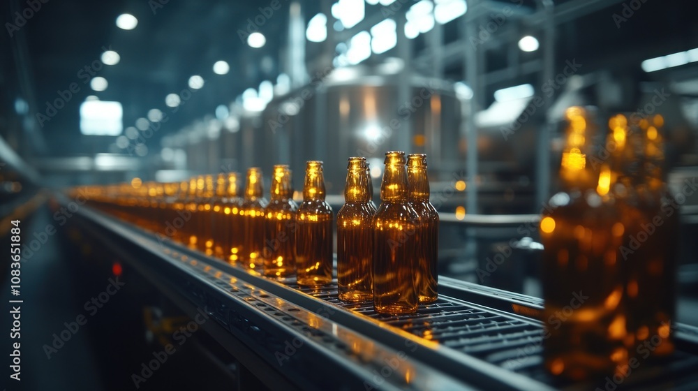 Poster conveyor belt carrying beer bottles through a large brewery automated filling and capping machines w