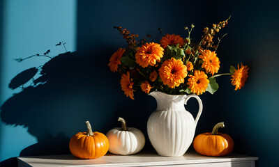 Decorative Use, Vibrant Orange Marigolds in White Vase with Pumpkins, Autumnal Arrangement, Home Decor, Festive Fall Theme, Sunlit Interior