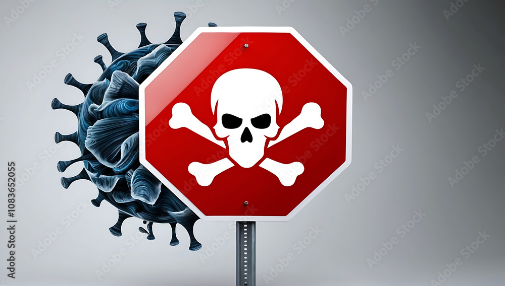 Poster a red stop sign with a white skull and crossbones symbol superimposed on a digital virus icon, repre