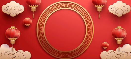 Chinese New Year Background with Golden Frame and Lanterns