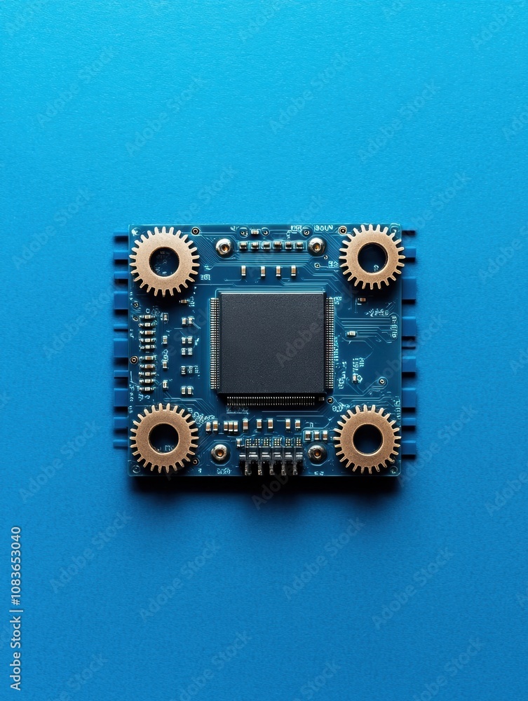 Leinwandbilder A microprocessor surrounded by gears highlights the intricate details of electronic components against a vibrant blue background. Generative AI