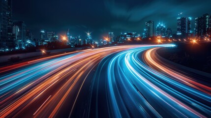 Fototapeta premium Cityscape at night with long exposure light trails of traffic on a highway.