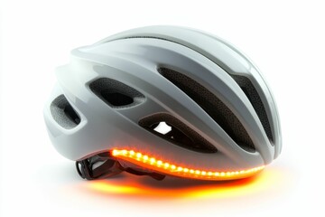 Fototapeta premium White bicycle helmet with glowing orange lights.