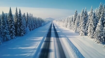 Fototapeta premium A wide road in the middle of a snowy forest, snow-covered trees on both sides of the highway 