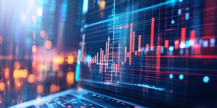 A laptop screen shows charts and graphs, representing data analysis and statistics.  It's a modern design with weekly and yearly trends, showing the power of technology.