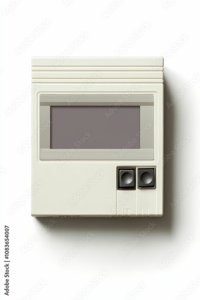 Poster white electronic device with screen and buttons.