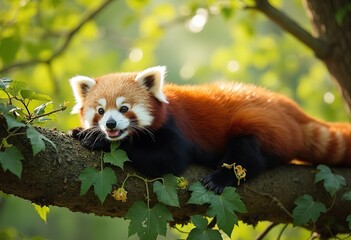 Obraz premium A red panda with a cute, smiling expression resting on a tree branch in a lush, green environment