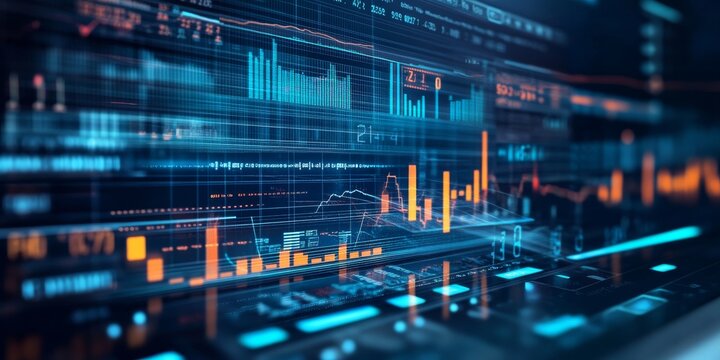A laptop screen shows charts and graphs, representing data analysis and statistics.  It's a modern design with weekly and yearly trends, showing the power of technology.