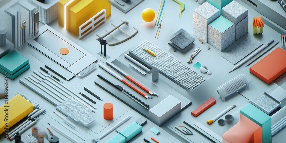 Poster a modern, 3d image showing the steps involved in graphic design. it uses icons representing common t