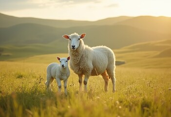 A white sheep with a young lamb standing on a grassy field