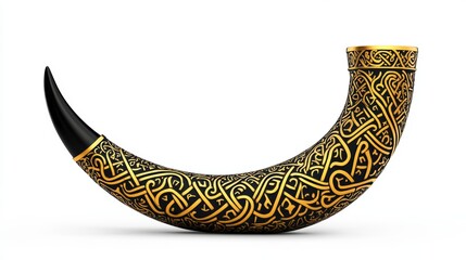 Decorative horn with intricate golden patterns, white isolate background.