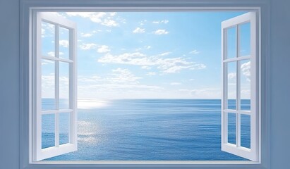 Fototapeta premium An open window with a white frame overlooking the blue sea 