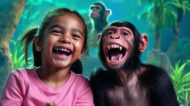 Joyful child and monkey sharing a laugh in zoo setting