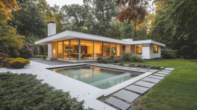 Modern White House with Swimming Pool and Stone Path in a Wooded Setting
