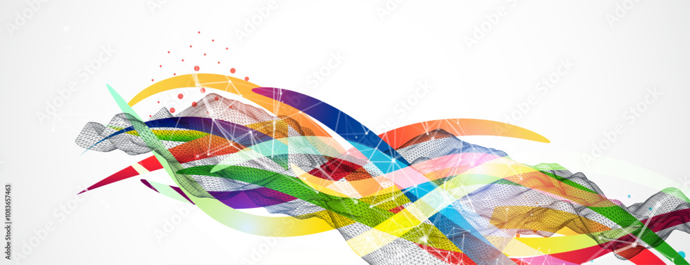 Poster Abstract wireframe wave with colored lines in wave style. Plexus effect. Hand drawn vector.
