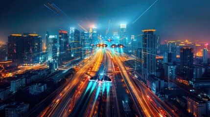 Fototapeta premium Futuristic Cityscape with Flying Vehicles.