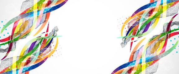 Fototapeta premium Abstract wireframe wave with colored lines in wave style. Plexus effect. Hand drawn vector.