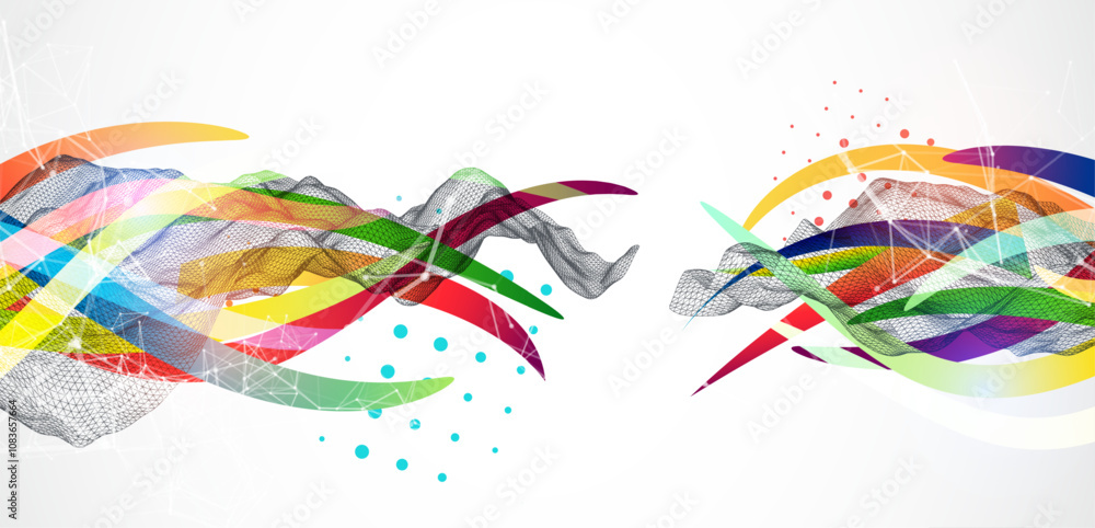 Sticker Abstract wireframe wave with colored lines in wave style. Plexus effect. Hand drawn vector.