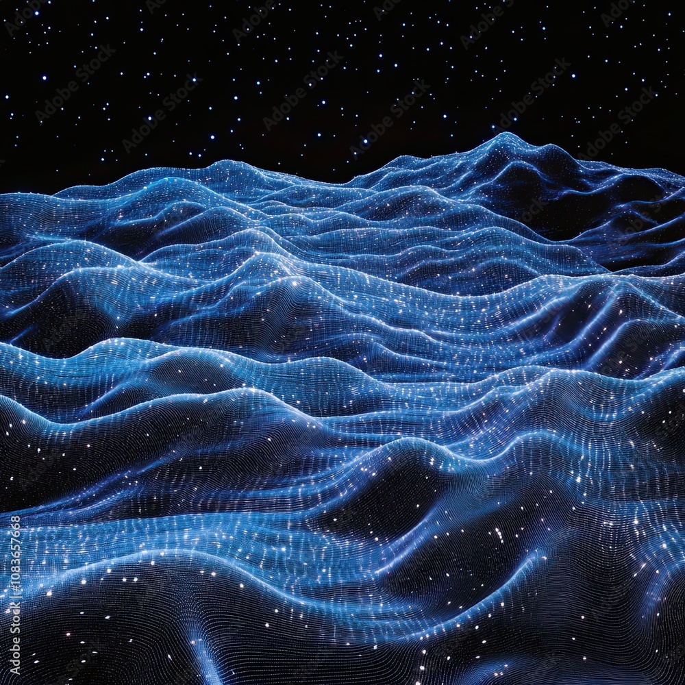 Poster an image of horizontal lines of blue particles and a wavy 3d landscape on a black background. commun