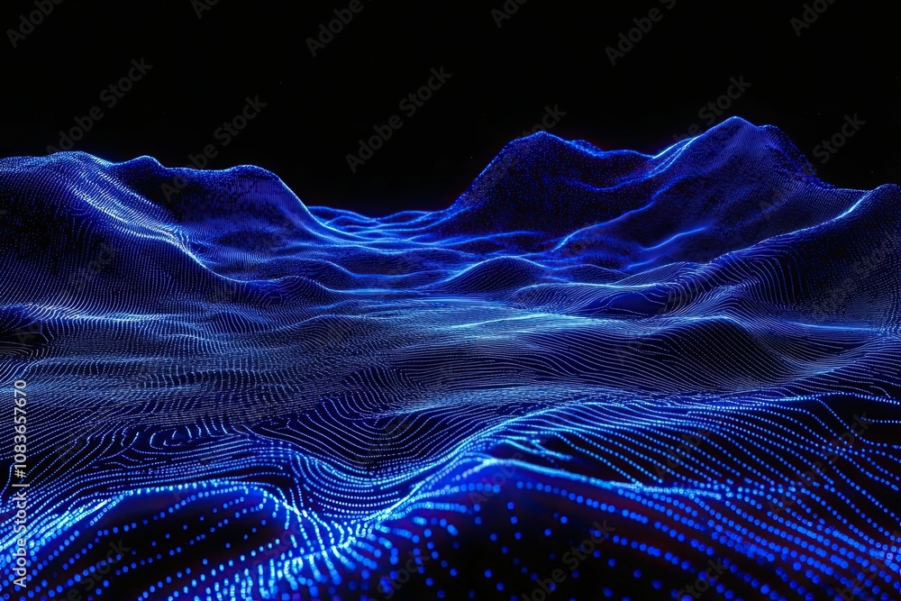 Poster an image of horizontal lines of blue particles and a wavy 3d landscape on a black background. commun