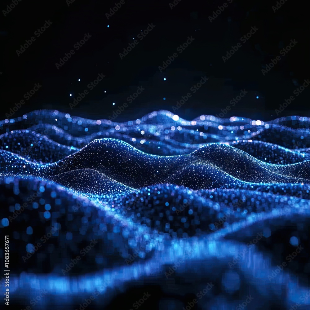 Poster an image of horizontal lines of blue particles and a wavy 3d landscape on a black background. commun