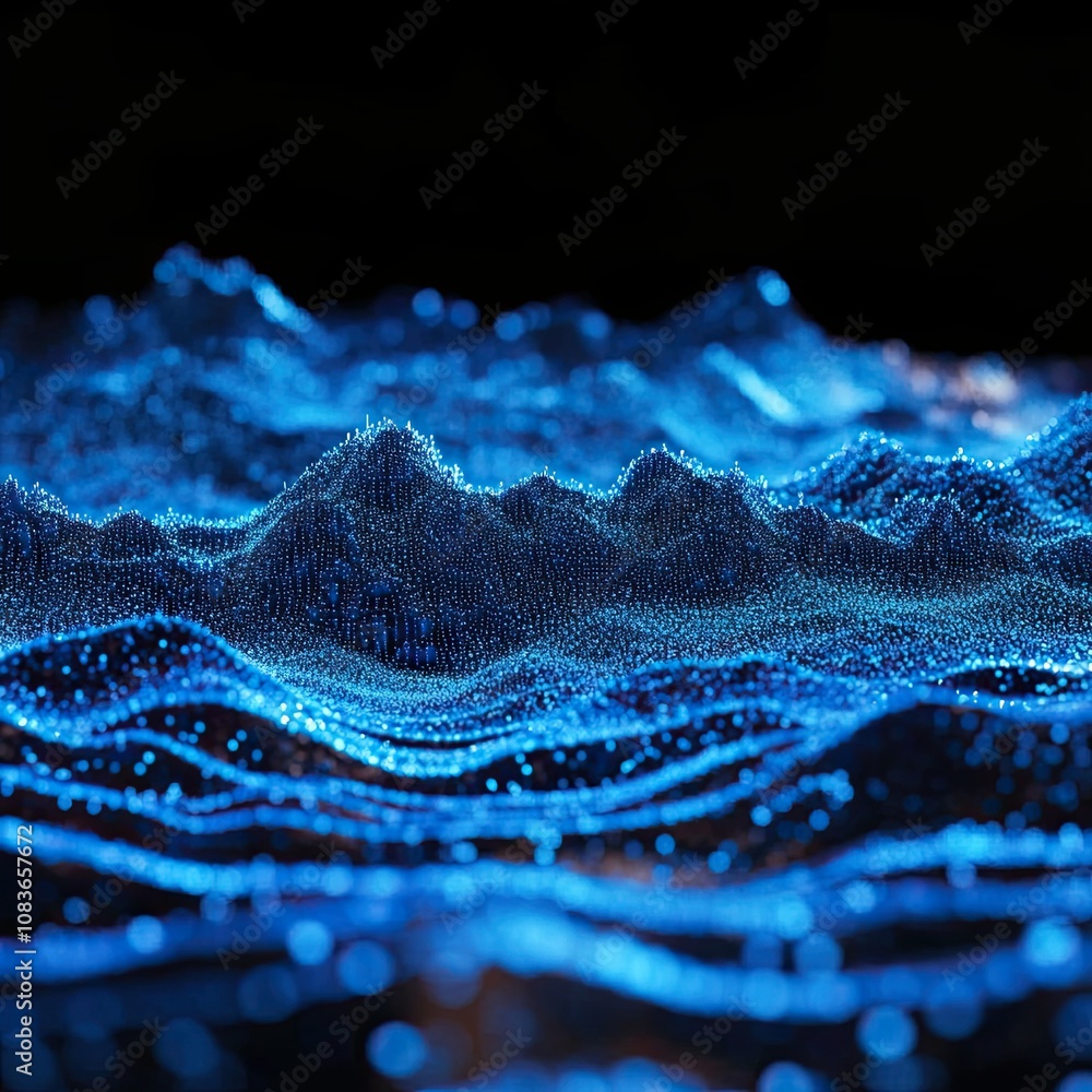 Poster an image of horizontal lines of blue particles and a wavy 3d landscape on a black background. commun
