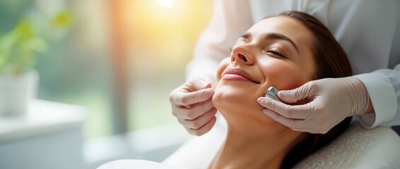 Beautician performing ultrasound cavitation facial peeling on smiling woman
