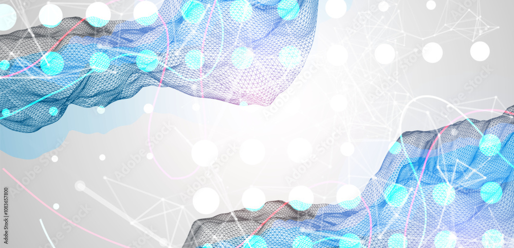 Aufkleber Abstract frame wave with colored spots on it and curved lines. Plexus effect. Hand drawn vector.