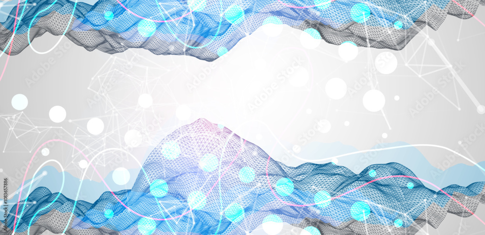 Aufkleber Abstract frame wave with colored spots on it and curved lines. Plexus effect. Hand drawn vector.