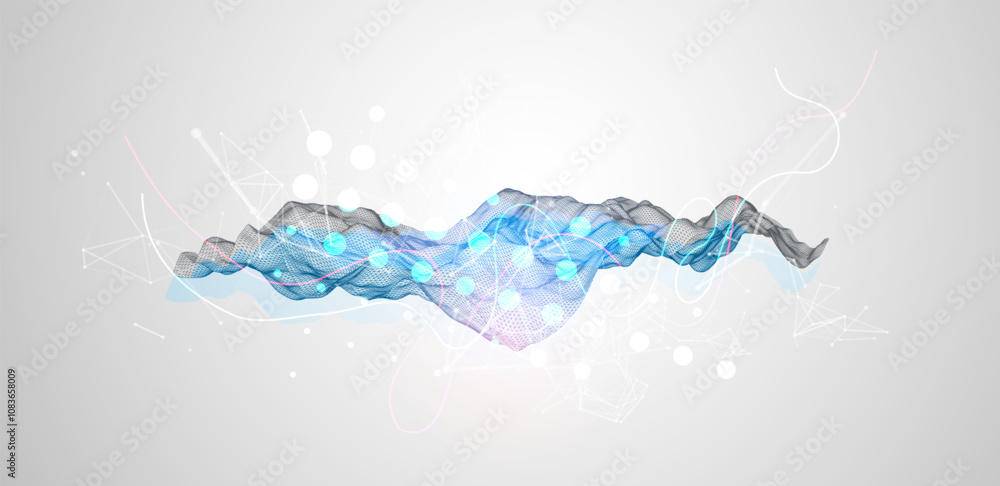 Poster Abstract frame wave with colored spots on it and curved lines. Plexus effect. Hand drawn vector.