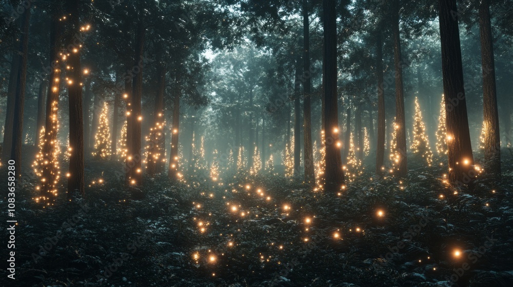 Poster a forest with glowing lights on the trees