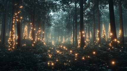 Obraz premium A forest with glowing lights on the trees
