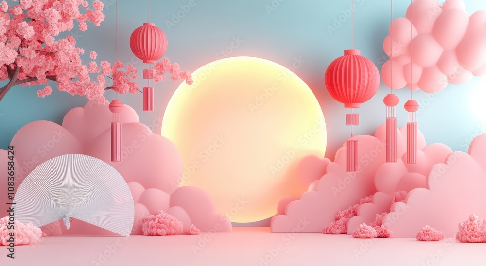 Poster minimalist 3d rendering with geometric shapes and traditional lanterns in pink and blue color palett
