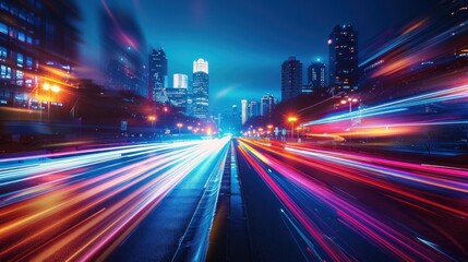 Obraz premium City night, light trails, speed, urban, futuristic.