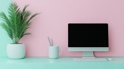 Fototapeta premium Minimalist Workspace Desktop Computer Plant Pastel Colors