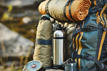 Fototapeta premium A collection of outdoor gear for camping and hiking, including a backpack, sleeping bag, and compass.
