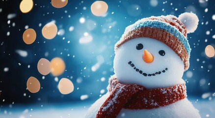 Fototapeta premium A cute snowman with hat and scarf, on a snowy background with bokeh lights 