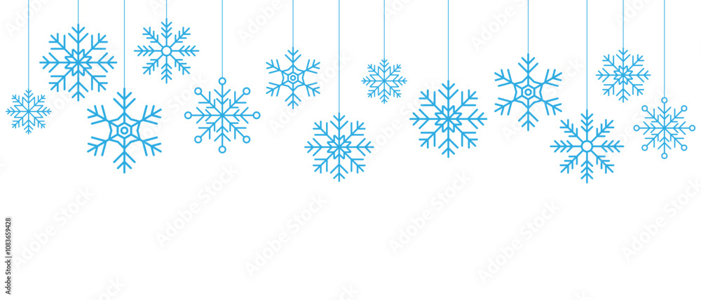 Poster snowflake seamless border. simple hanging snowflake. hanging snowflake decorations. winter holidays 