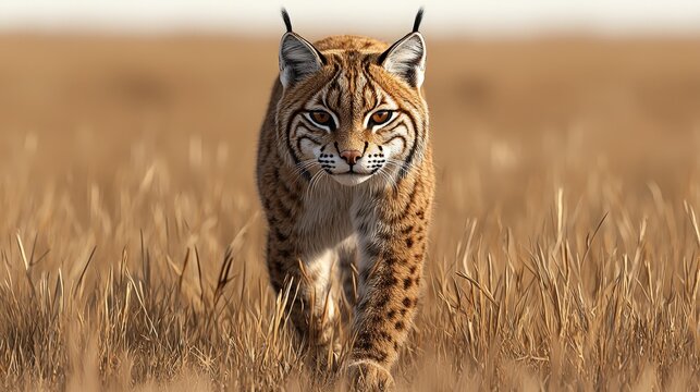 Majestic Lynx Walking Through Golden Grassland Wildlife Nature Cat