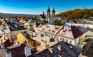 Obraz premium Aerial view of the city of Sanok in Bieszczady Mountains, Poland