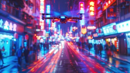 Obraz premium Drone flying over vibrant night city street.