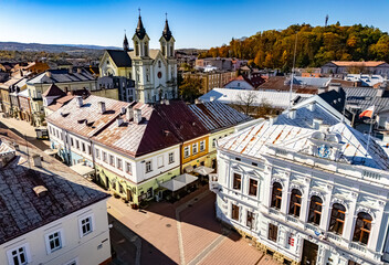Obraz premium Aerial view of the city of Sanok in Bieszczady Mountains, Poland