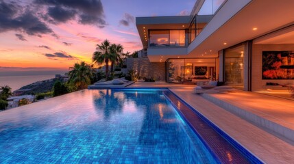 Fototapeta premium Modern Luxury Villa with Infinity Pool and Sunset View